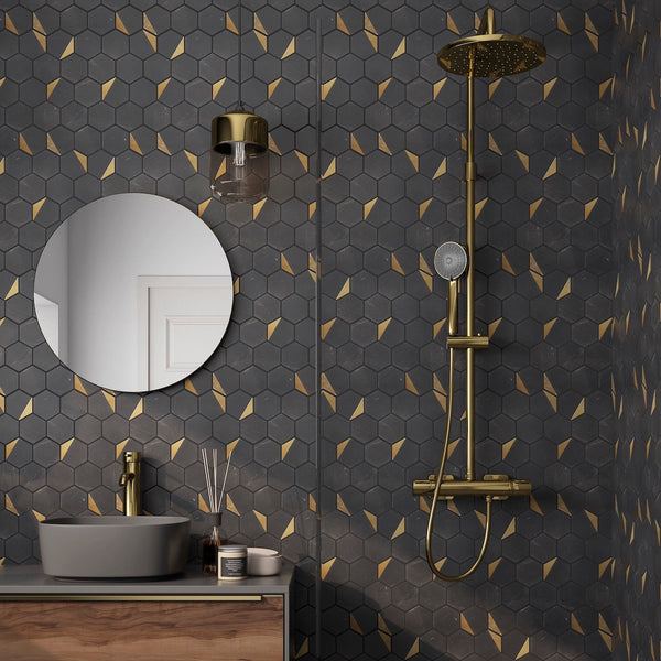 black and gold brass tile featured on a contemporary bathroom and shower walls