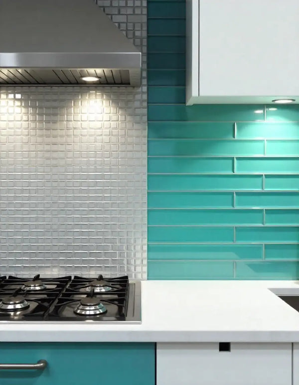 Kitchen backsplash comparing sleek metal tiles with glossy glass tiles, highlighting their contrasting textures.
