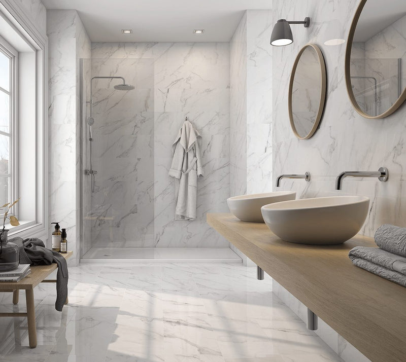 polished porcelain tile featured on a contemporary bathroom and wall