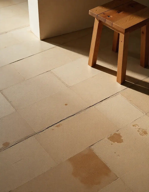 Rustic kitchen floor covered with long, picket-style distressed tiles, highlighting the intentionally aged texture.