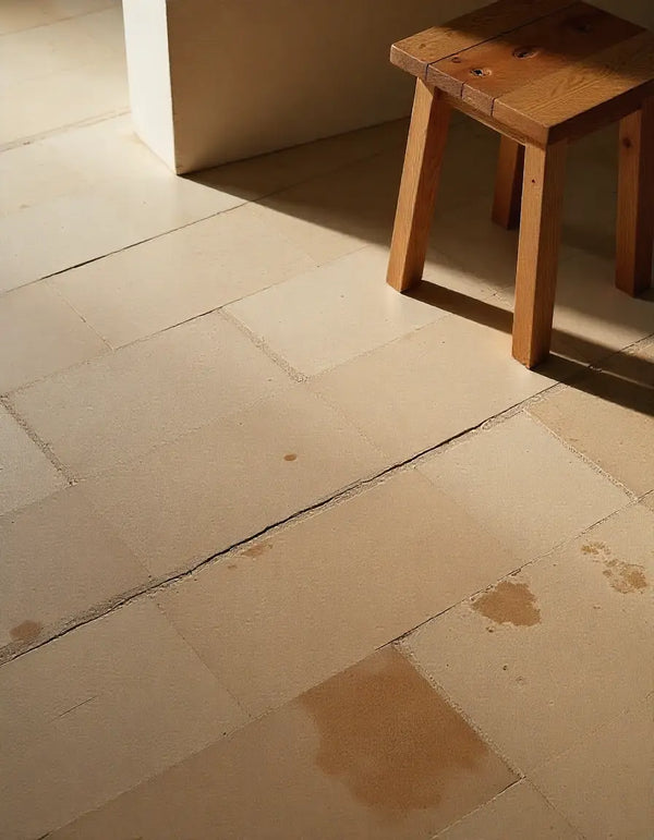 Rustic kitchen floor covered with long, picket-style distressed tiles, highlighting the intentionally aged texture.