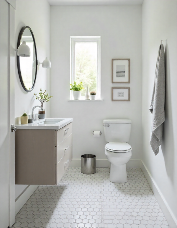 Small bathroom makeover with white and gray hexagon floor tile and modern fixtures