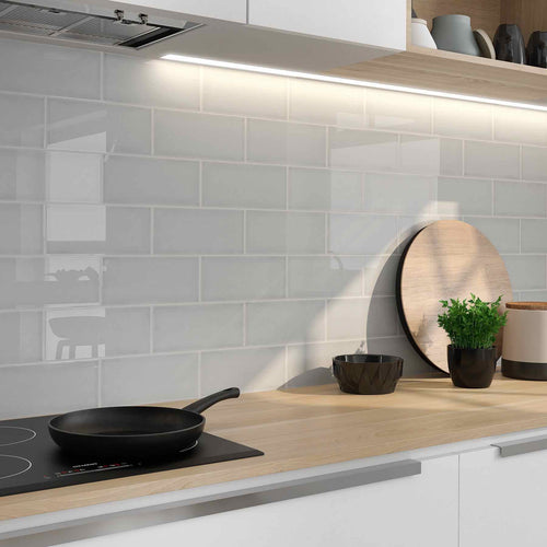 Subway Tile in Tender Grey installed on a kitchen backsplash