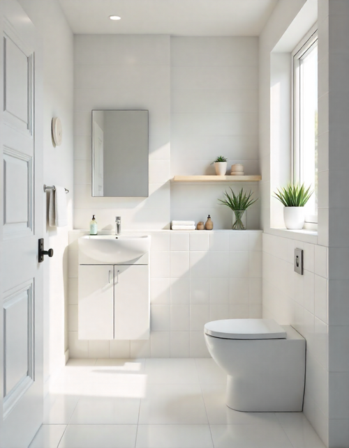 White ceramic tiles in a small modern bathroom reflecting natural light, creating a bright and spacious look with minimalist décor and a touch of greenery.