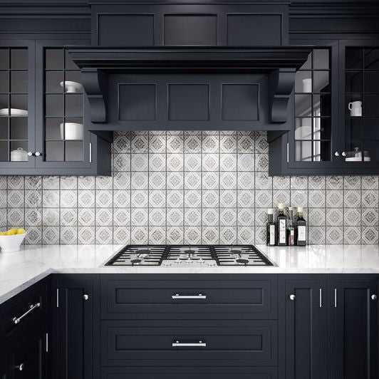 Satin Ceramic Tile Salvador Gemstone 5x5 featured on a kitchen backsplash dark grey grout