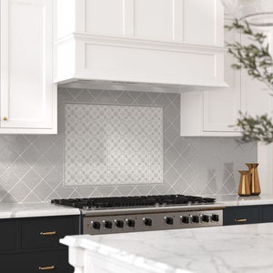 Satin Ceramic Field Tile Home 5x5 featured on a classic kitchen backsplash