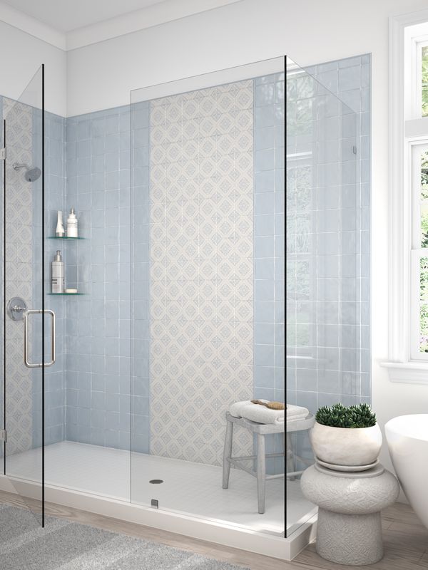 Satin Ceramic Field Tile Tender 5x5 featured on a classic shower wall