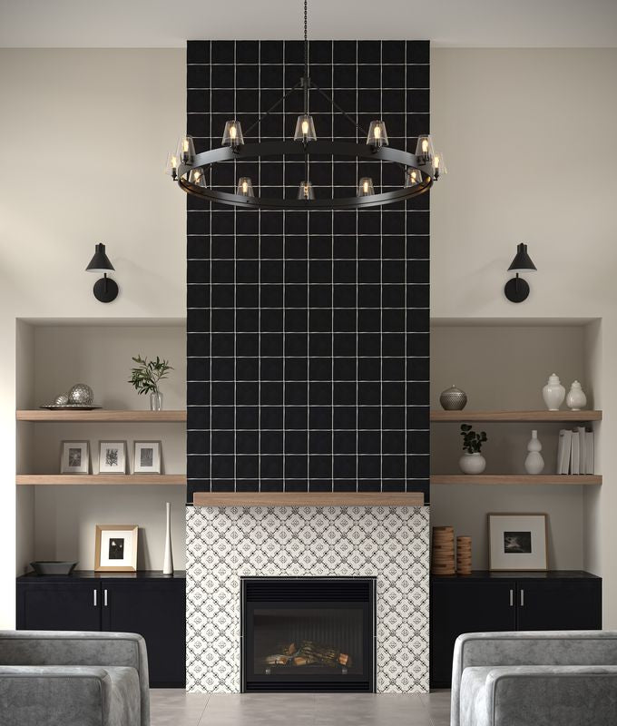 Satin Ceramic Field Tile Gemstone 5x5 featured on a fireplace surrounding