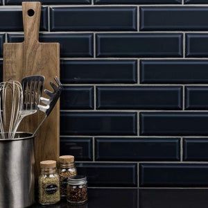 Subway Ceramic Tile Cobalto Beveled 3x9 featured on a kitchen backsplash