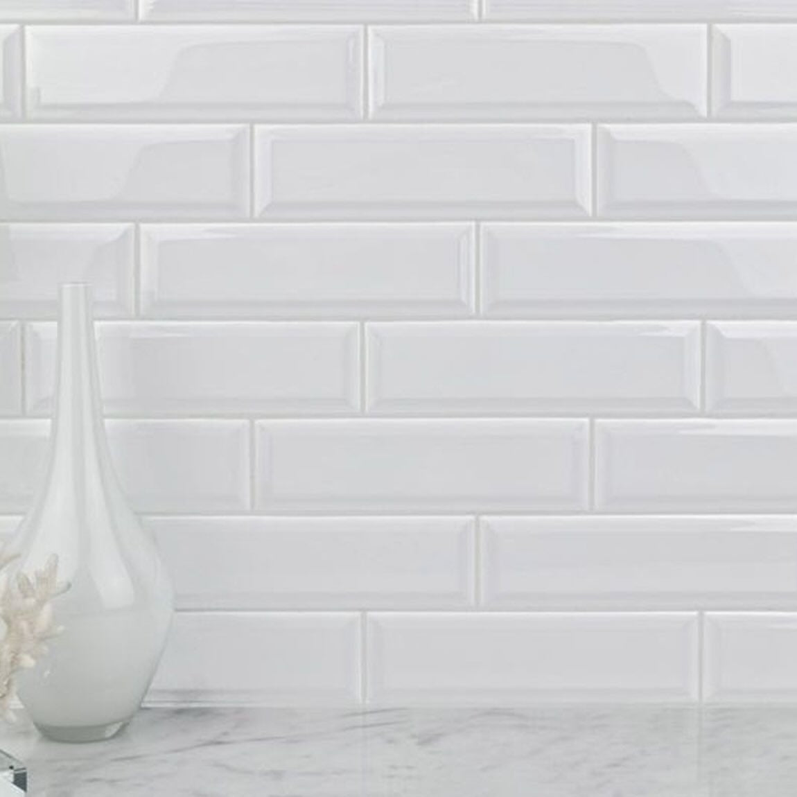 Subway Ceramic Tile White Glossy Beveled 3x9