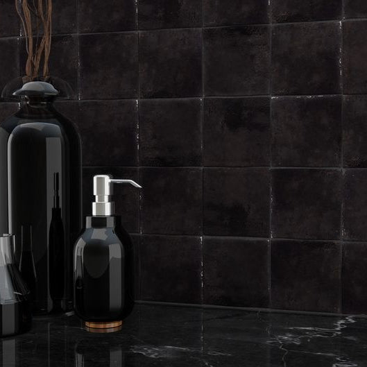 Zellige Heritage Ceramic Distressed Wall Tile Night 4x4 featured on a backsplash