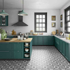 Ethnic Rectified Porcelain Tile 8x8 Black & White Matte B featured on a kitchen floor