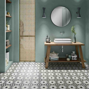 Ethnic Patterned Porcelain Tile 8x8 Black & White A Rectified featured on a bathroom floor