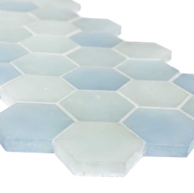 Fluid Small Hex Glass Tile Frosted C Blend for shower floor and walls