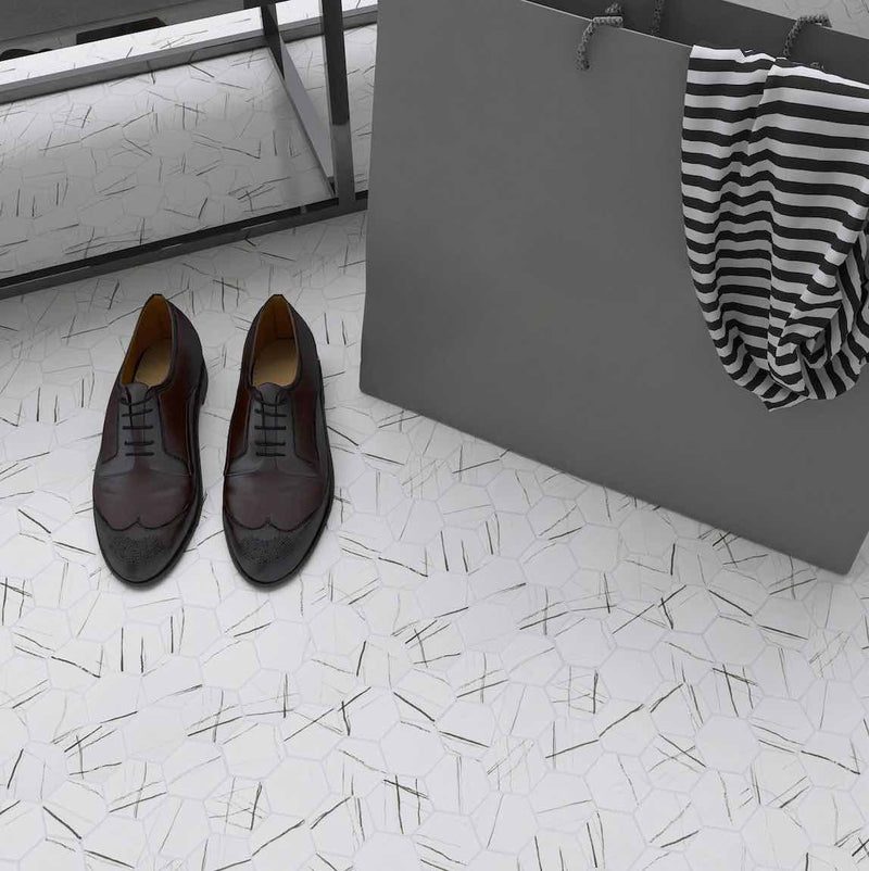 Recycled Glass Mosaic Tile Howlite Hexagon 2-Inch Matte Finish featured on a closet floor