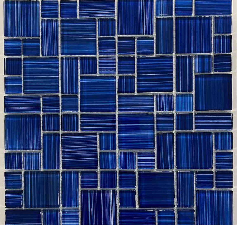 Glass Mosaic Tile Vista Dark Blue Mix in a french pattern for swimming pool, shower walls, bathroom walls, backsplash, Jacuzzi, and spa