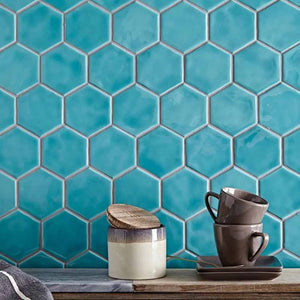 ColorClay Hexagon Tile Aquamarine Glossy 11x13 featured on a accent wall sideboard