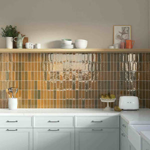 Petite Ville Subway Tile Terra 2x6 featured on a kitchen backsplash