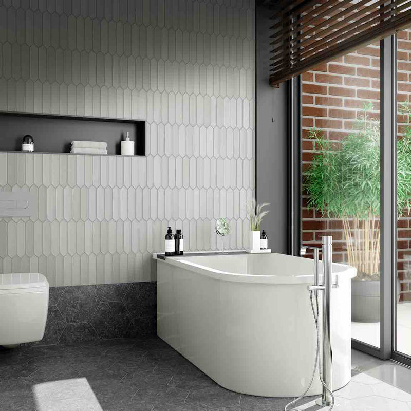 Picket Tile Arrow Gray Matte 2x10 featured on a bathroom wall