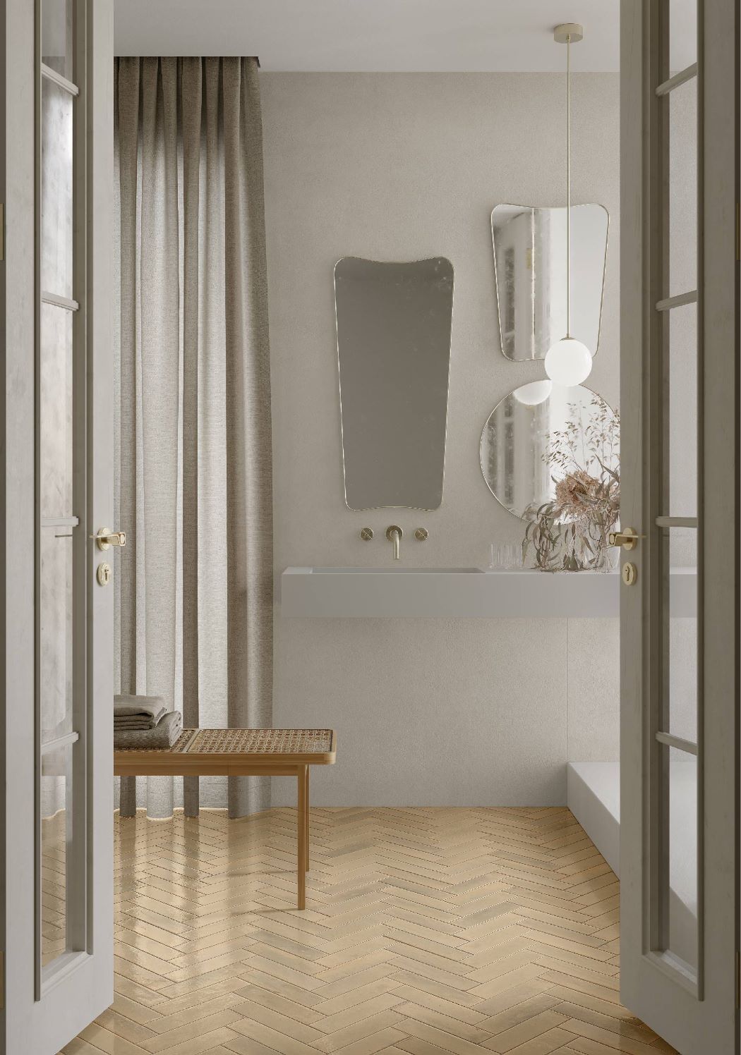 Distressed beige subway tile installed on a bathroom floor, offering a warm, rustic charm with timeless elegance