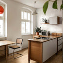 Glacier Subway Tile Bianco 3x8 featured on a mid-century modern kitchen backsplash