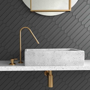 Picket Tile Arrow Black 2x10 features on a modern bathroom wall with black grout