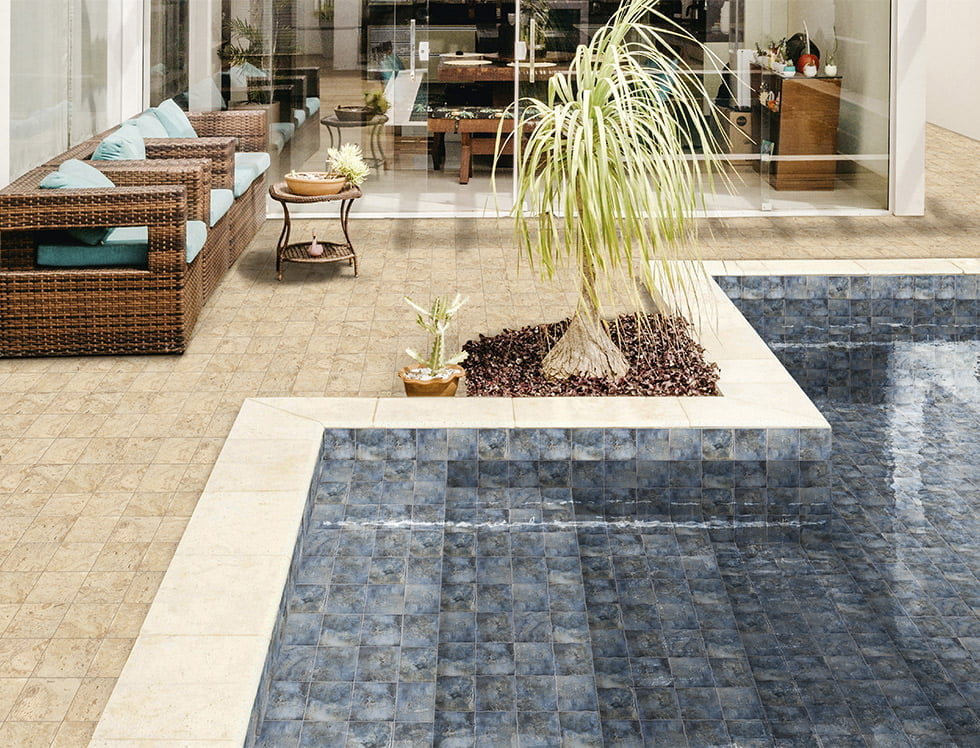 Classic indigo porcelain pool tile installed underwater, creating a serene and elegant deep blue effect in the swimming pool