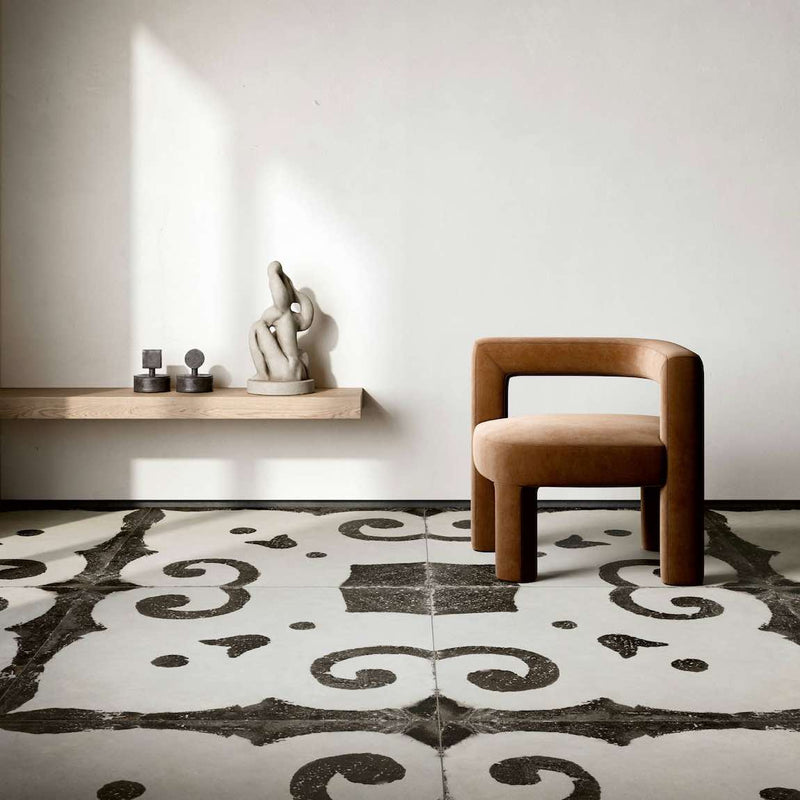Porcelain Tile Italian Ceramist Deco Three 36x36 rectified featured on a living space floor