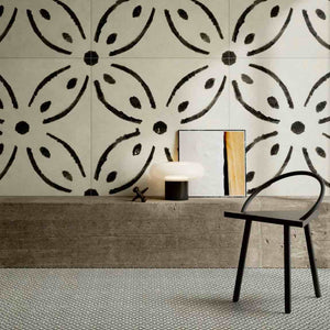 Porcelain Tile Italian Ceramist Deco Two 36x36 rectified featured on a living accent wall