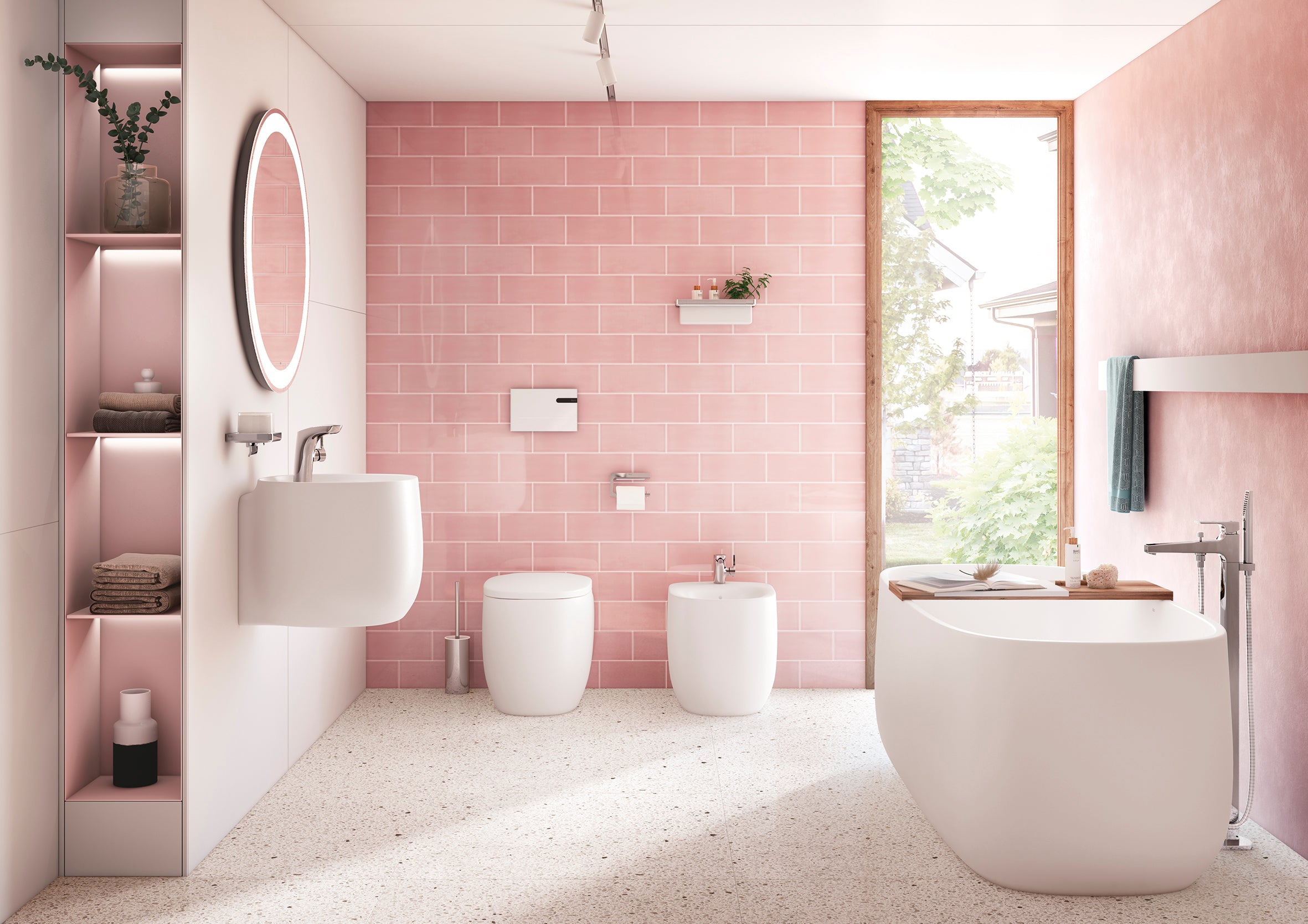 Silk pink 4x10 Delight subway tile installed on a chic bathroom wall
