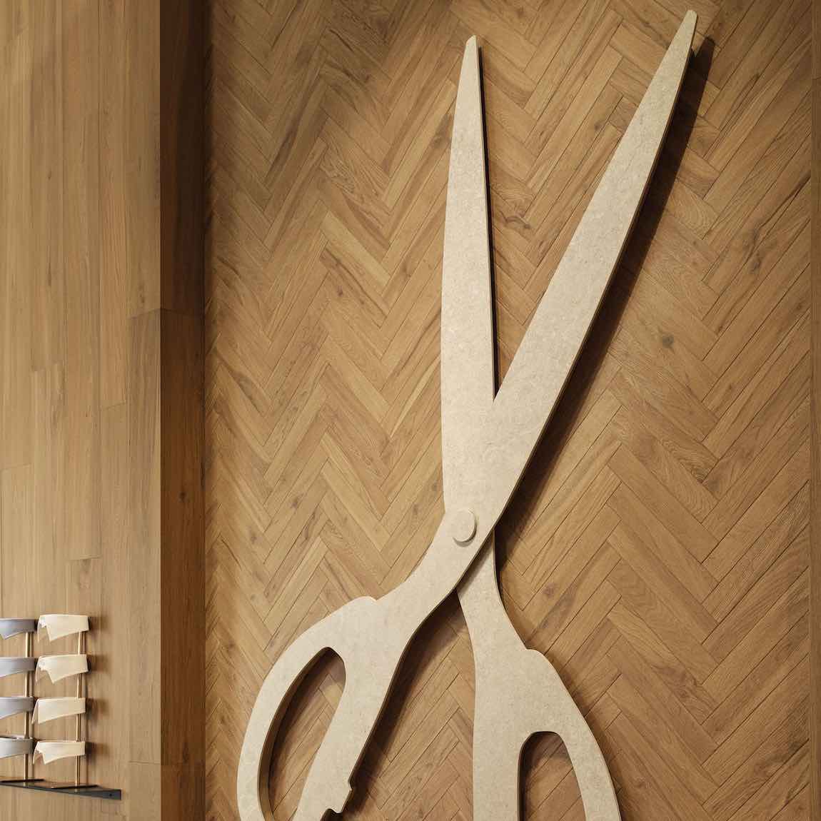 Dynamicwood Brick Deep Oak Tile 2'' x 12'' in herringbone patterned installed on a featured wall