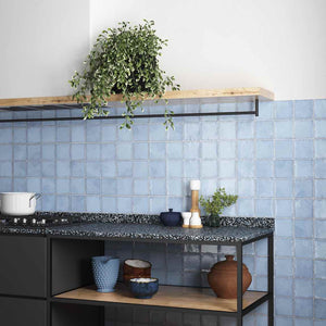 Farmhouse Wall Tile 4x4 Blue features on a kitchen backsplash