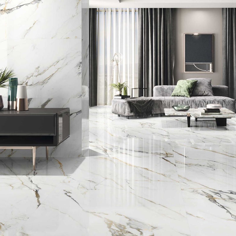 Florence Calacatta Gold Porcelain Tile 39x39 featured on a living room floor