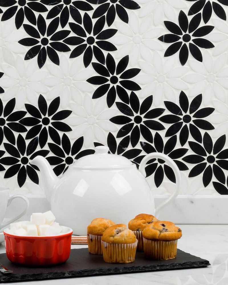 Black & White Flower Stone Mosaic Tile 