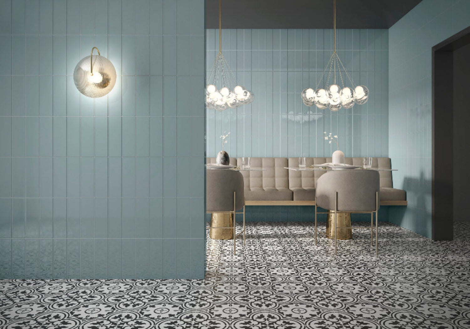 Blue-green 4x12 ceramic subway tile from Framework series installed in a stylish living room wall