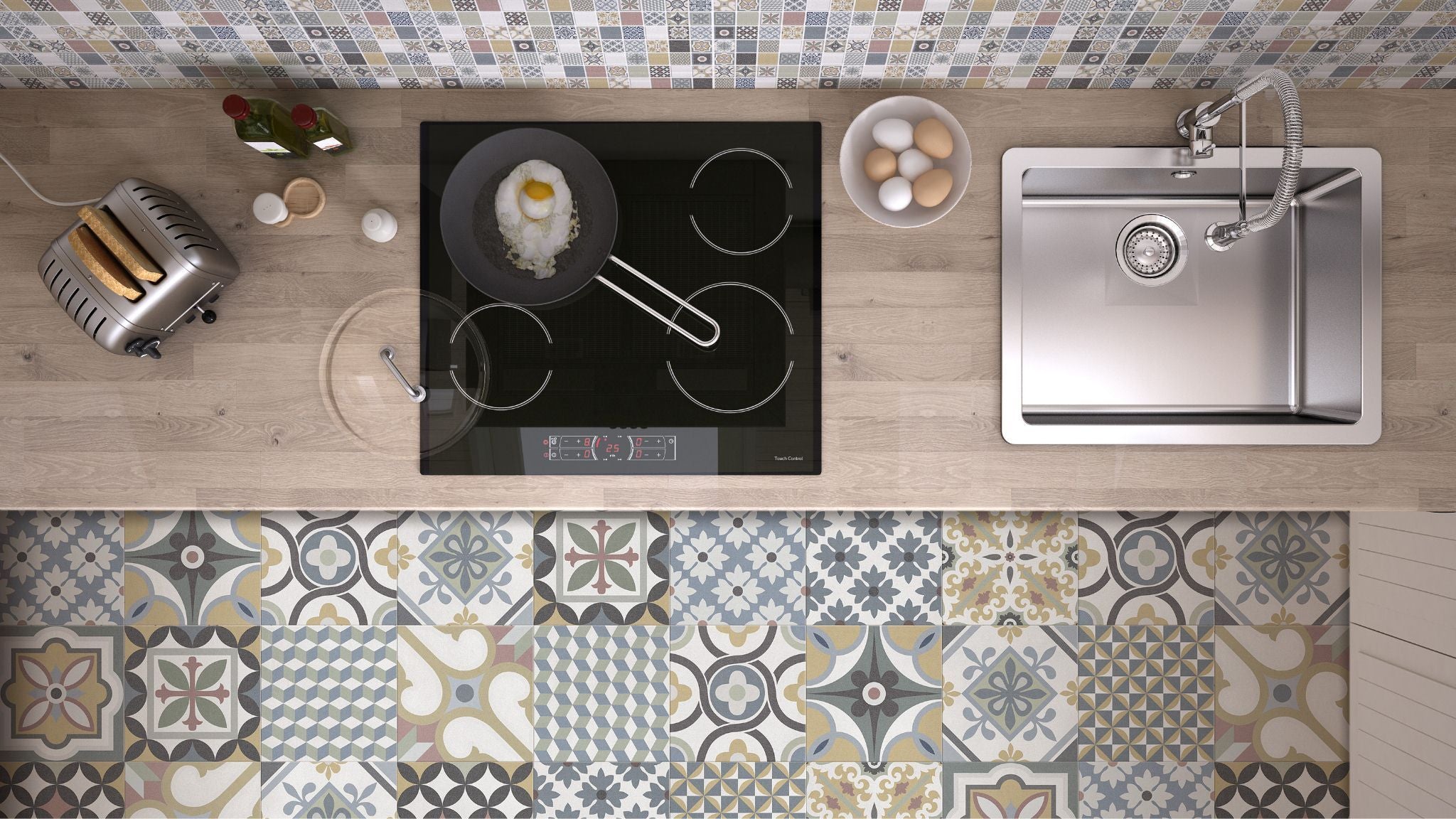 8x8 patterned porcelain tile featuring a colorful geometric design, installed on a modern kitchen floor
