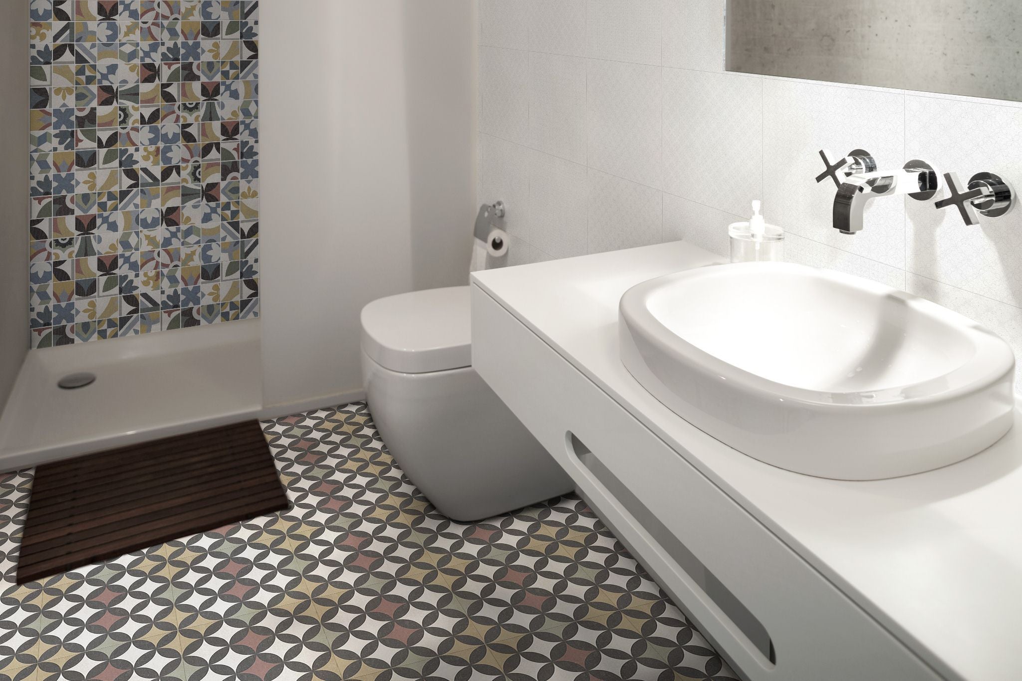 Colorful geometric patterned porcelain tiles installed on a bathroom floor, adding a vibrant, modern, and artistic flair to the space
