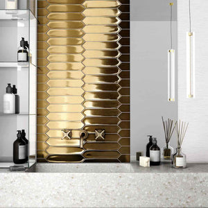 Picket Tile Arrow Gold 2x10 featured on a bathroom wall