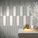 Picket Tile Arrow Gray Matte 2x10 features on a kitchen wall