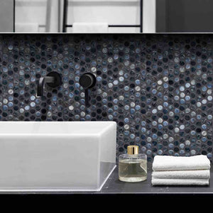 Glass Pool Tile Coral Reef Grey Penny featured on a bathroom wall
