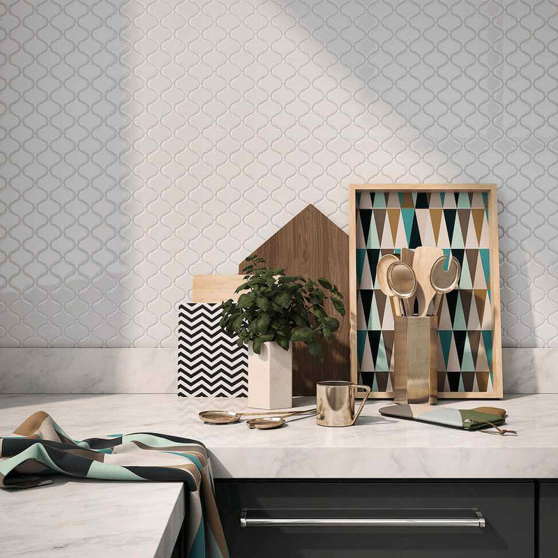 Lantern Porcelain Mosaic Tile White featured on a contemporary kitchen backsplash