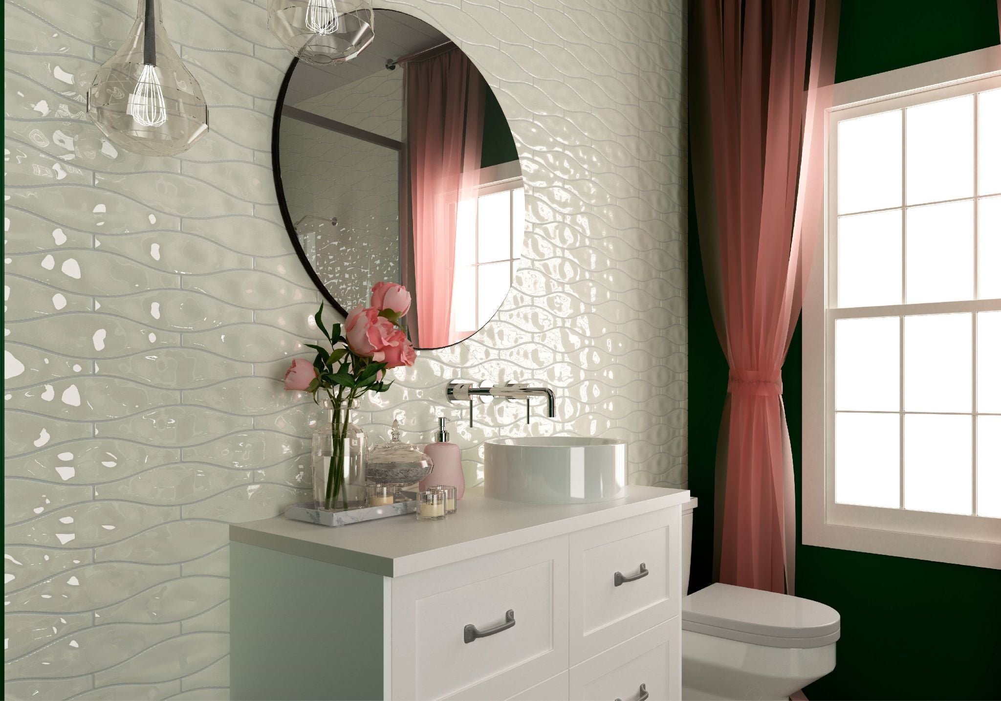 Glossy 3x12 wall tile in soft ivory with a wave texture, installed on a bathroom wall to add depth, shine, and a soothing spa-like look