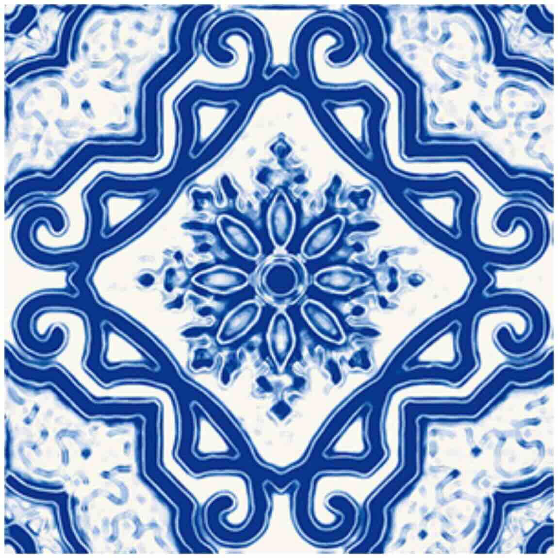 Decorative blue and white tile with intricate patterns