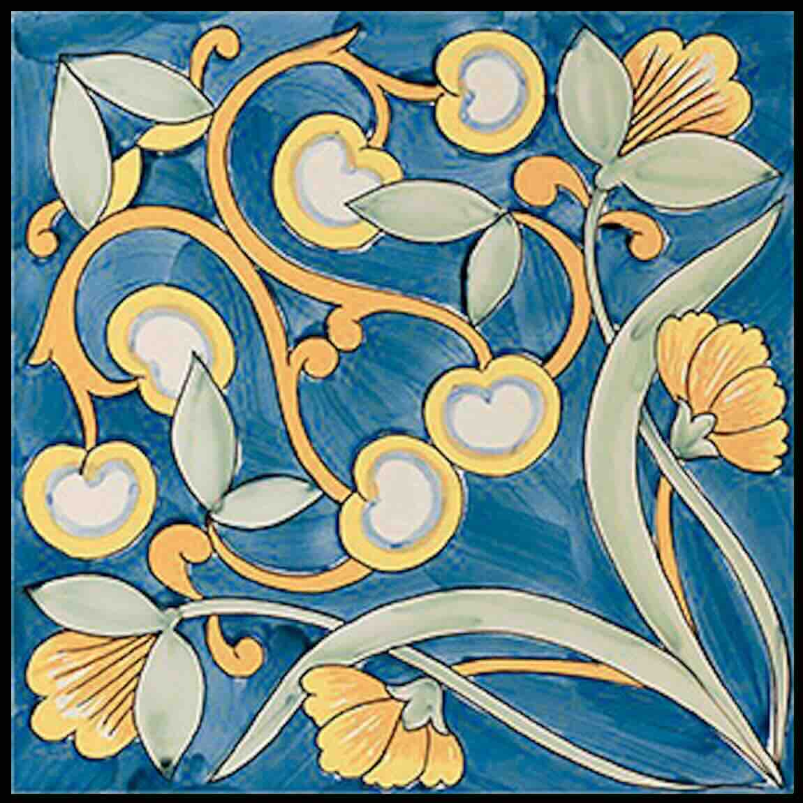 Maiolica Prima Porcelain Tile 6''x6'' features vibrant colors and a classic floral pattern for backsplashes, bathrooms, showers, and pools