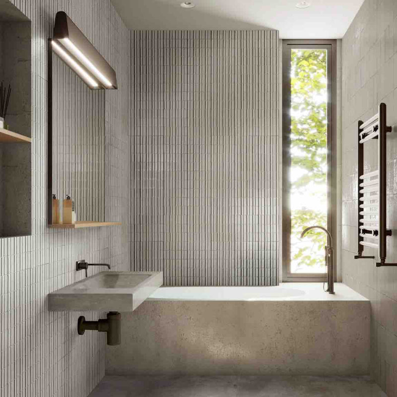 Glacier Italian Porcelain Structure 3D Tile Mastice 3x8 Glossy featured on a contemporary bathroom and shower walls