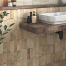 Tavern Porcelain Tile Terracotta Medium 2x6 featured on a rustic modern bathroom floor and wall