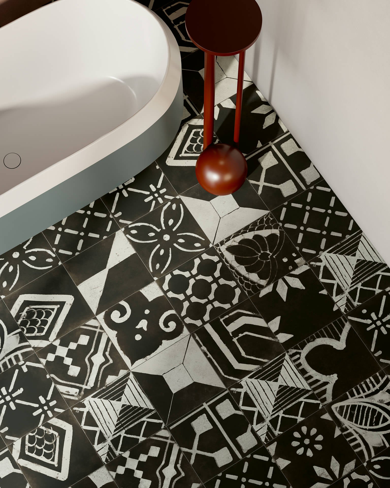 Dark-toned patterned porcelain tile from the Nero Blend collection, installed on a bathroom floor to create a bold, elegant, and contemporary look