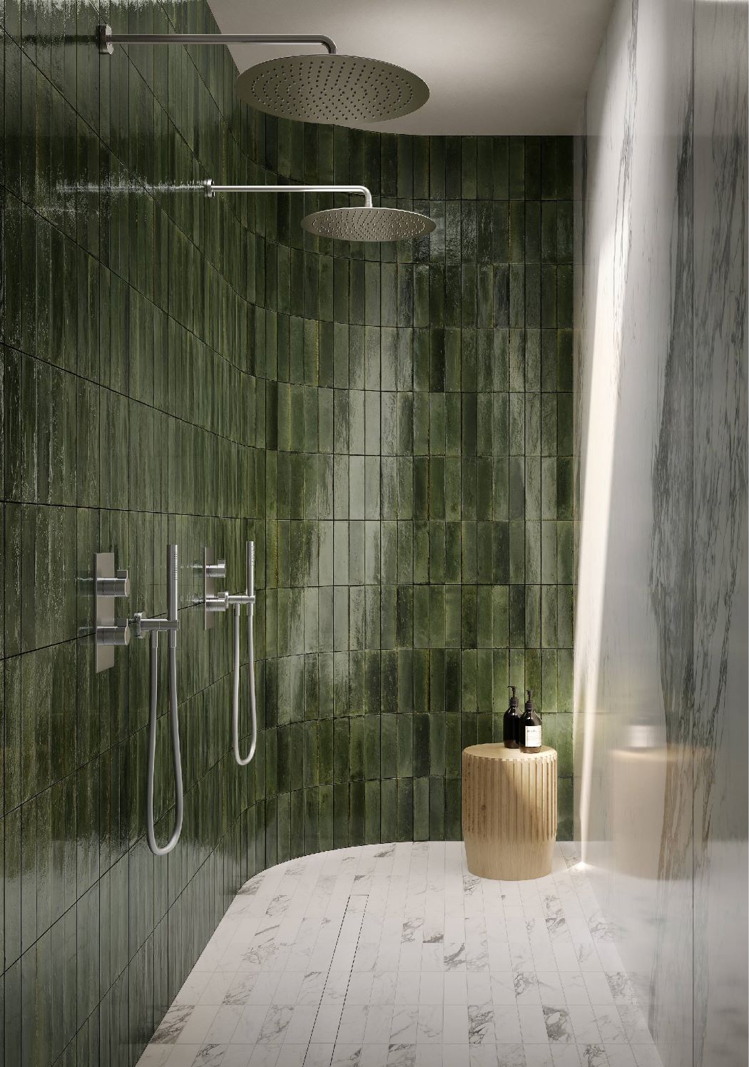Magnolia distressed olive subway tile adds rustic, spa-like charm to your shower with calming earthy green tones.