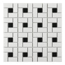 Essentials Black and White Dot Pinwheel Tile in a matte finish for kitchen backsplashes, bathrooms, showers, fireplace, foyers, floors, and accent/featured walls.