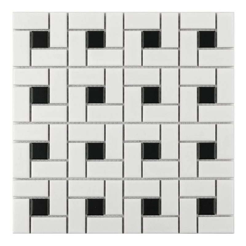 Essentials Black and White Dot Pinwheel Tile in a matte finish for kitchen backsplashes, bathrooms, showers, fireplace, foyers, floors, and accent/featured walls.